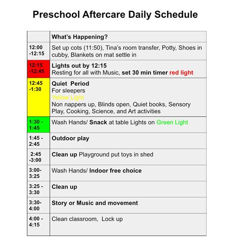 Preschool Aftercare daily schedule